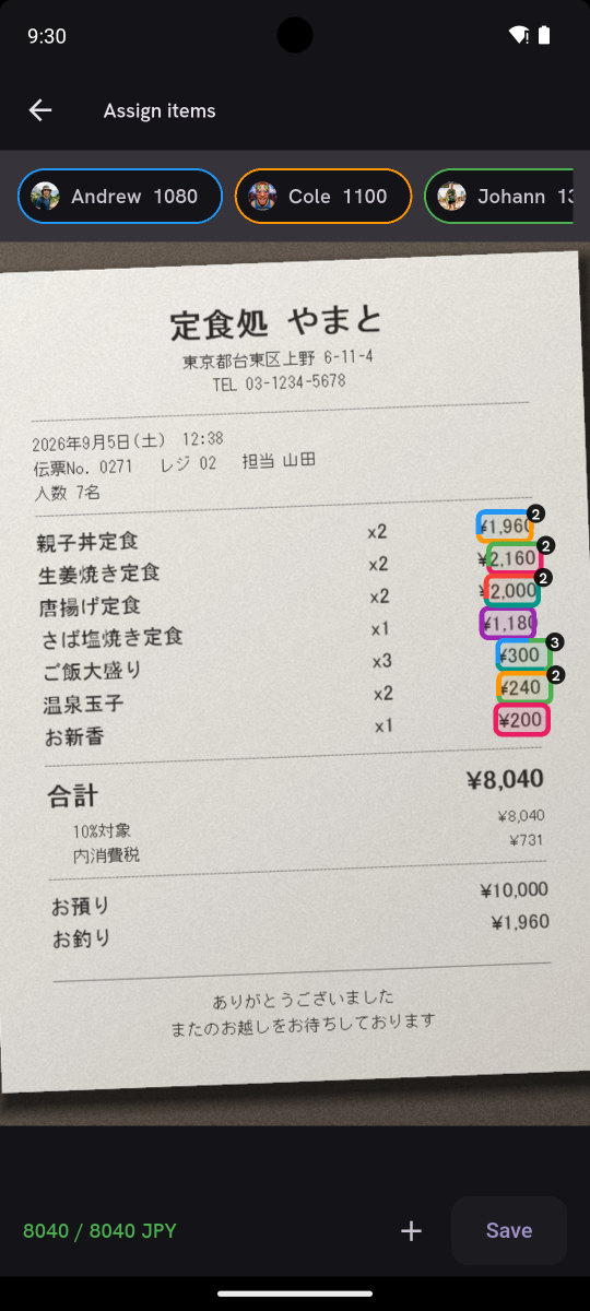 Assigning each item on a scanned receipt to the people who had it.