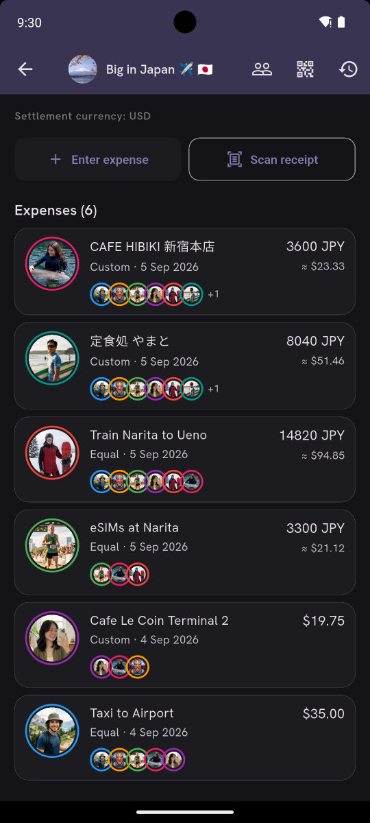 A group's expenses, with what each member owes.